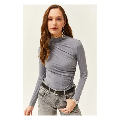 Olalook Women's Gray High Collar Ruffle Detailed Lycra Blouse