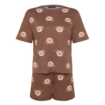 Trendyol Curve Brown Teddy Bear Printed Cotton Knitted Pajamas Set