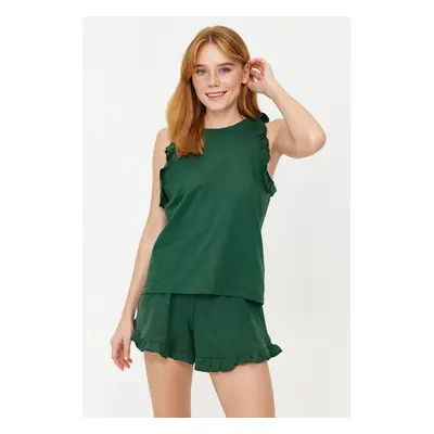 Trendyol Emerald Green 100% Cotton Ruffle Detailed Knitted Pajama Set