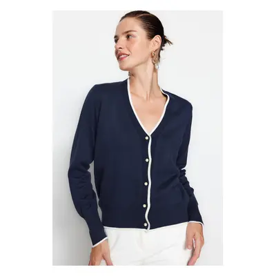 Trendyol Navy Blue Premium Yarn/Special Yarn Contrast Color Knitwear Cardigan