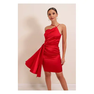 By Saygı One Shoulder Rope Strap Gathered Lined Satin Short Dress Red