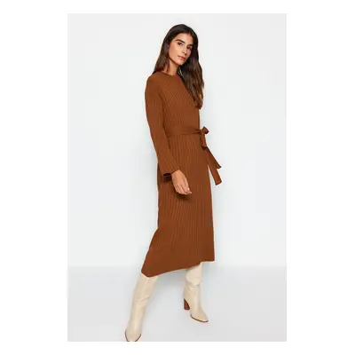 Trendyol Brown Belted Rib Knitwear Dress