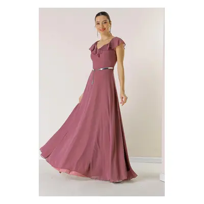 By Saygı Flounce Collar Waist Belt Lined Long Chiffon Dress