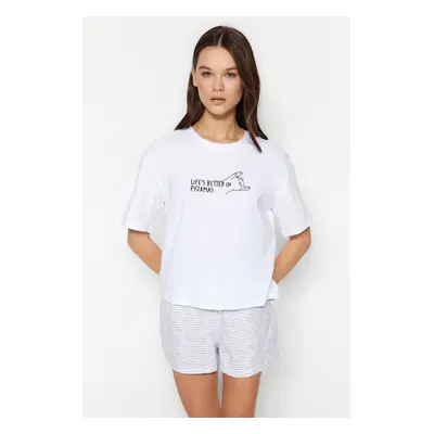 Trendyol White Cotton Striped Slogan Printed Knitted Pajama Set