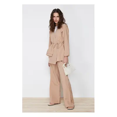 Trendyol Beige Cotton Woven Kimono Trousers Top and Bottom Set