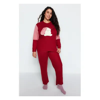 Trendyol Curve Burgundy Plush Detailed Knitted Pajamas Set