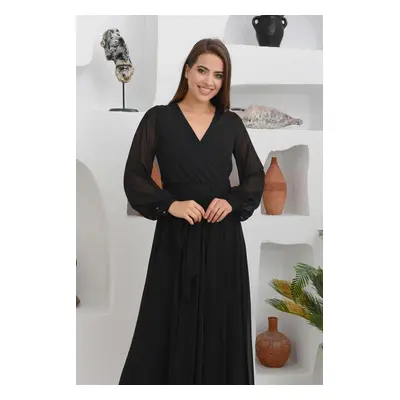 Carmen Black Chiffon Double Breasted Long Evening Dress