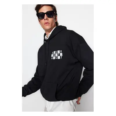 Trendyol Black Oversize/Wide-Fit Hooded Text Embroidered Sweatshirt