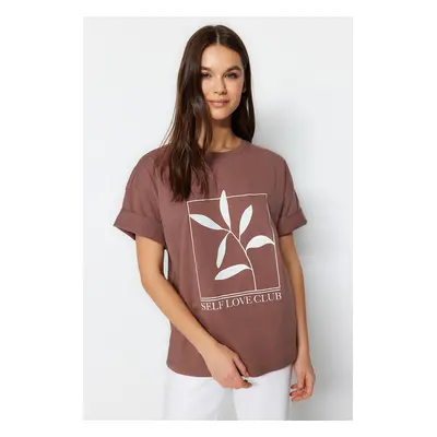 Trendyol Brown 100% Cotton Printed Relaxed/Wide, Comfortable Fit Crewneck Knitted T-Shirt