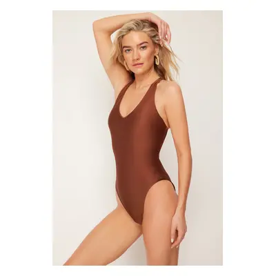 Trendyol Brown V-neck Backless High Leg Regular Swimsuit