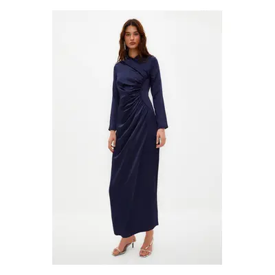 Trendyol Navy Blue Gather Detailed Woven Satin Evening Dress