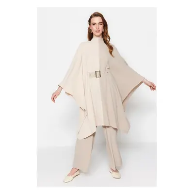 Trendyol Beige Color Block Waist Belted Tunic-Pants Woven Suit