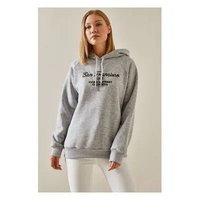 XHAN Gray Text Detail Raised Hoodie Sweatshirt