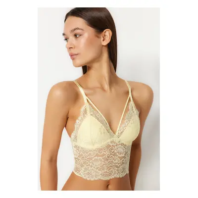 Trendyol Yellow Lace Piping Detailed Rope Strap Non-wired Covered Triangle Knitted Bustier