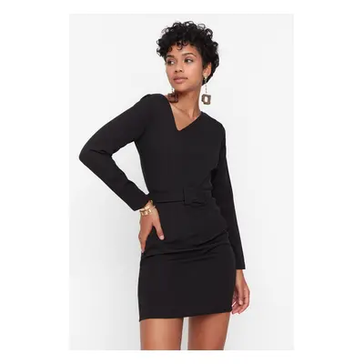 Trendyol Black Belted Woven Asymmetric Collar Woven Dress