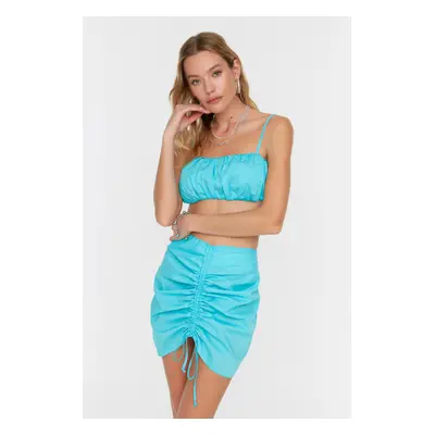 Trendyol Turquoise Shirred Detailed Poplin Beach Bottom-Top Set