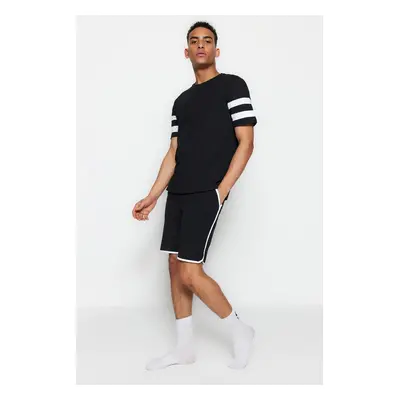 Trendyol Black Regular Fit Crew Neck Pajama Set with Striped Shorts