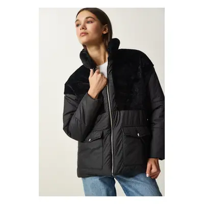 Happiness İstanbul Women's Black Fur Collar Puffer Coat