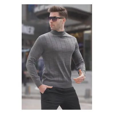 Madmext Anthracite Slim Fit Half Turtleneck Striped Anti-Pilling Men's Knitwear Sweater