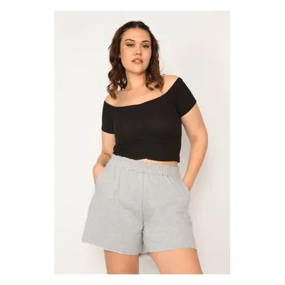 Şans Women's Plus Size Gray Shorts With An Elastic Waist, Side Pockets