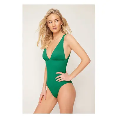 Trendyol Green V-Neck Textured Regular Swimsuit