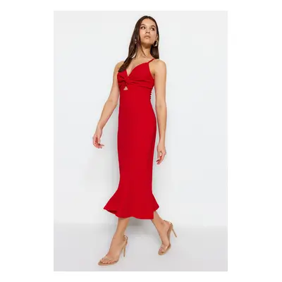 Trendyol Red Crepe, Fitted Straps Cut Out Detailed Ruffles Sweetheart Neck Mini Knitted Dress