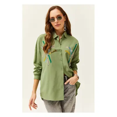 Olalook Women's Mustard Green Color Sequin Stick Woven Shirt