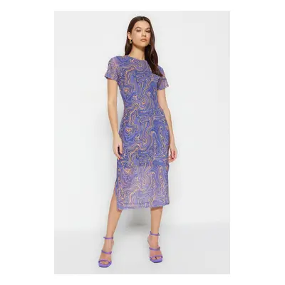 Trendyol Blue Printed Short Sleeve Crew Neck Fitted Flexible Midi Tulle Pencil Dress