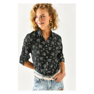 Olalook Women's Black Floral Sleeve Fold Linen Shirt