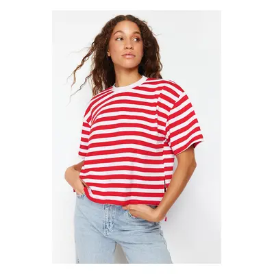 Trendyol Red Striped 100% Cotton Asymmetrical Loose/Relaxed Cut Knitted T-Shirt