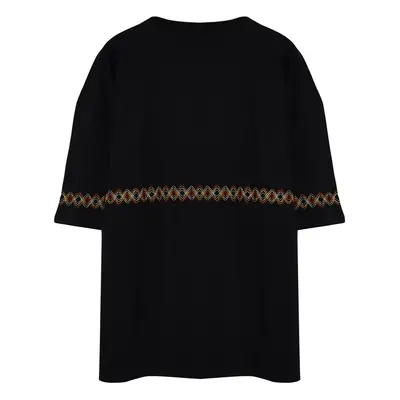 Trendyol Plus Size Black Oversize/Wide Cut 100% Cotton Ethnic Embroidered Comfortable T-Shirt