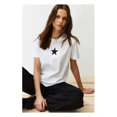 Trendyol White 100% Cotton Star Printed Regular/Normal Pattern Crew Neck Knitted T-Shirt