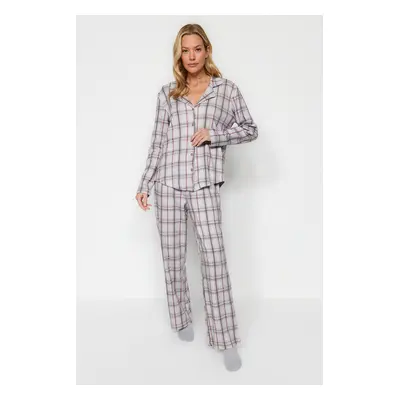 Trendyol Grey Multicoloured 100% Cotton Brushed Plaid Shirt-Pants Knitted Pajama Set