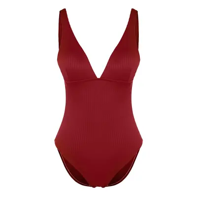 Trendyol Claret Red V-Neck Textured Regular Swimsuit