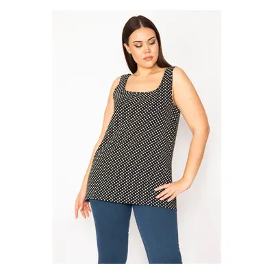 Şans Women's Black Plus Size Cotton Fabric Lycra Point Patterned Sleeveless Blouse