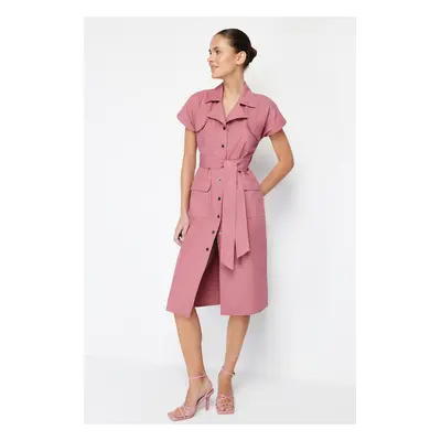 Trendyol Dried Rose Belted Wide Fit Gabardine Midi Shirt Dress