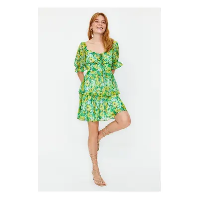 Trendyol Green Floral Skirt Flounced Madonna Collar Chiffon Mini Lined Woven Dress