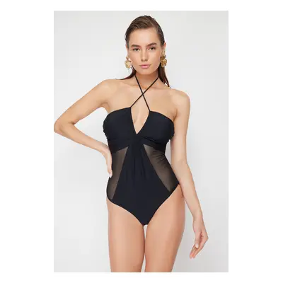 Trendyol Black Strapless Mesh Detailed High Leg Regular Swimsuit