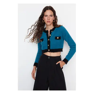 Trendyol Blue Super Crop Cölöp kötöttáru Cardigan