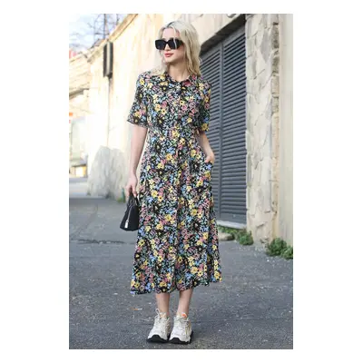 Madmext Black Floral Pattern Shirt Collar Midi Dress