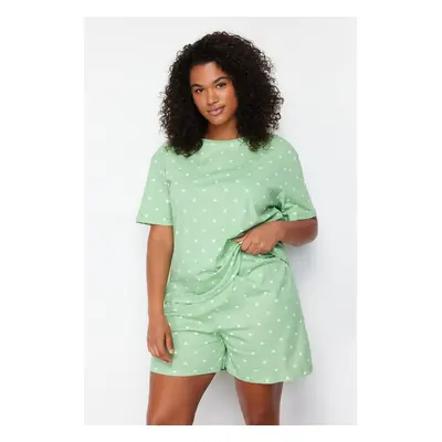 Trendyol Curve Mint Heart Patterned Knitted Pajamas Set