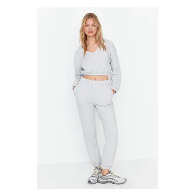 Trendyol Gray Crop Quilted Knitted Top and Bottom Set