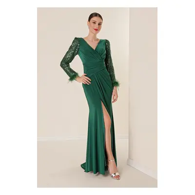 By Saygı Double Breasted Neck Front Draped Sleeves Sequined Feather Detailed Lined Lycra Long Dr