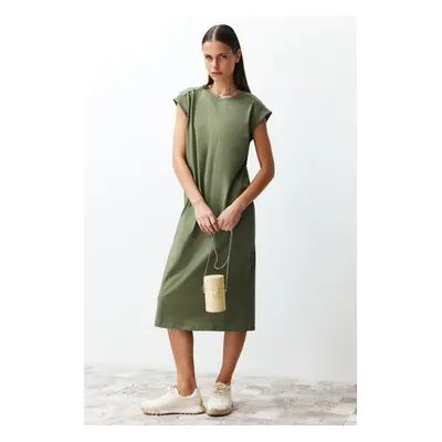 Trendyol Khaki Plain T-shirt Dress 100% Cotton Moon Sleeve Shift/Relaxed Cut Midi Midi Dress