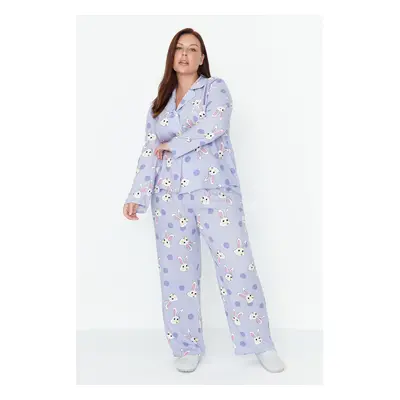 Trendyol Curve Lilac Rabbit Printed Woven Pajama Set