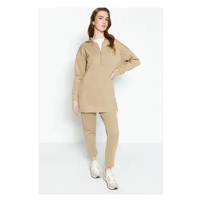 Trendyol Beige Front Zippered Soft Textured Scuba Oversize Knitted Tracksuit