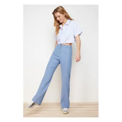 Trendyol Indigo Straight Cut High Waist Ribbed Stitched Woven Trousers