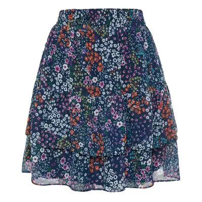 Trendyol Navy Blue Lined Flounce Chiffon Floral Pattern Mini Woven Skirt