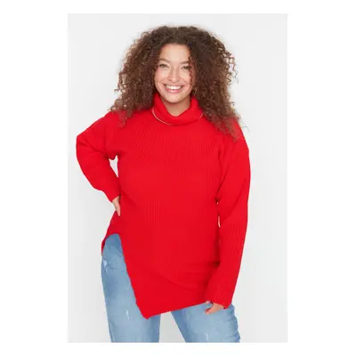 Trendyol Curve Red Turtleneck Slit Knitwear Sweater