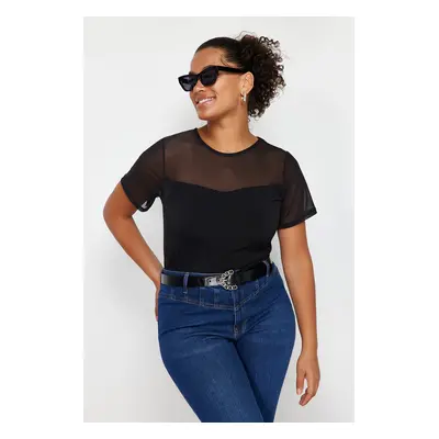 Trendyol Curve Black Heart Neck Mesh Detailed Knitted Blouse